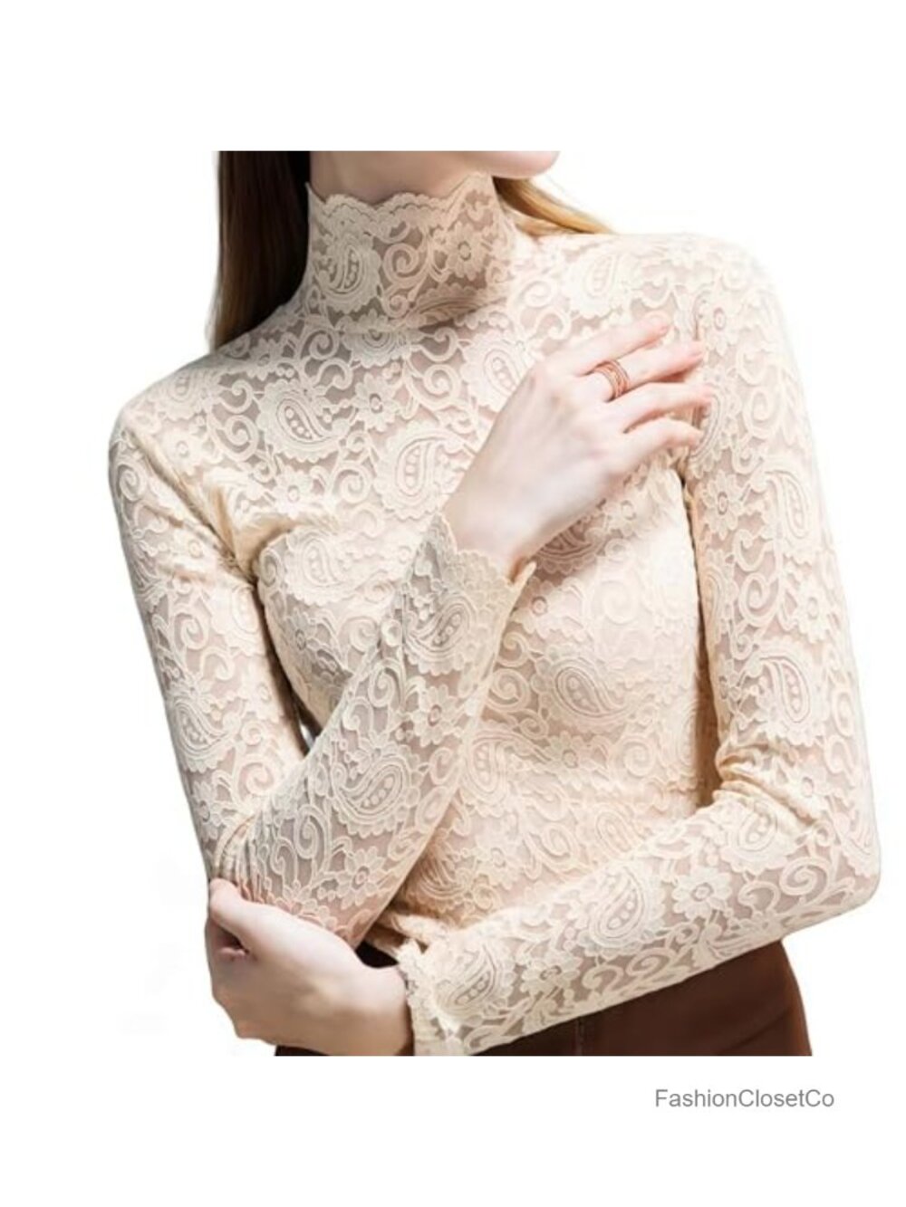 Women's Slim Fit Long Sleeve Turtleneck Mesh Lace T-Shirt Top